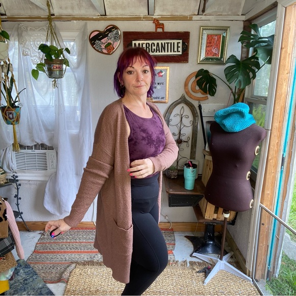 Forever 21 Taupe/ Pink Fluffy Long Open front Cardigan Size Small - Picture 3 of 15